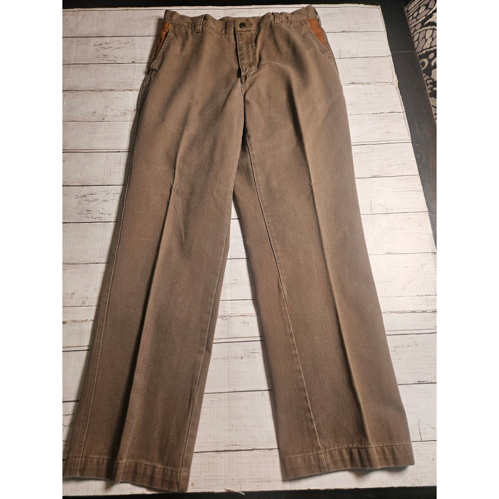 Orvis Vintage Hunting Pants 34x31 Brown Cotton Twill Leather Trim Straight Leg‎